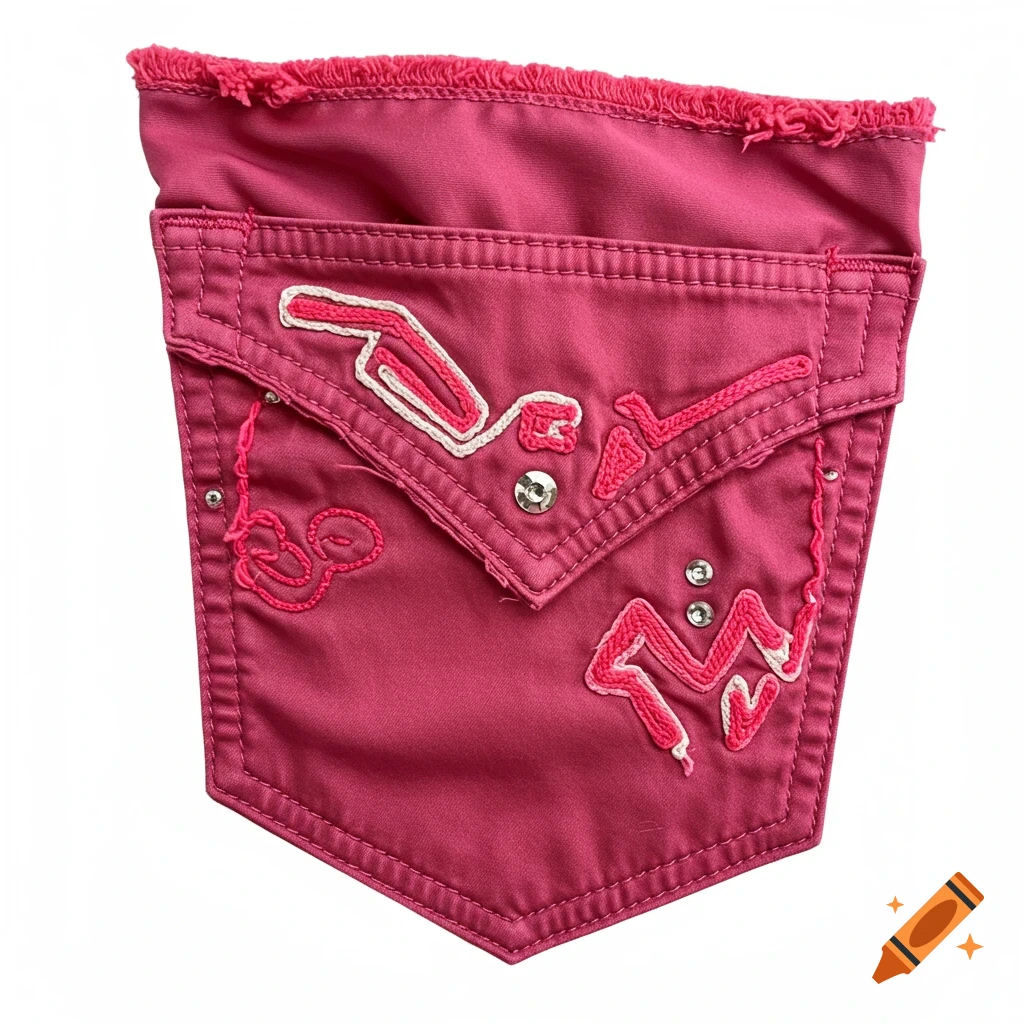 Dark pink back pocket with pink and white Y2K-style embroidery and studs.