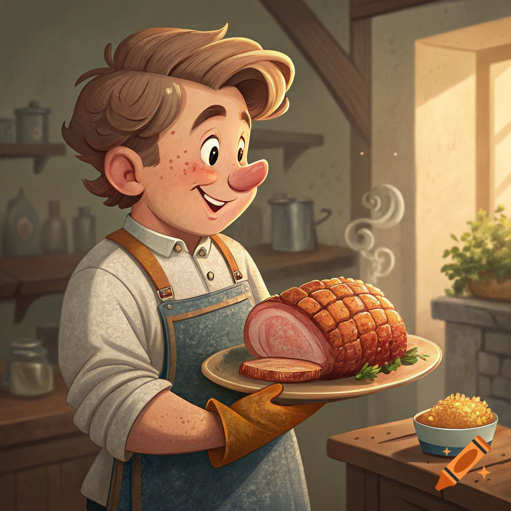 Cartoon boy with freckles holds a plate of cooked ham in a kitchen.