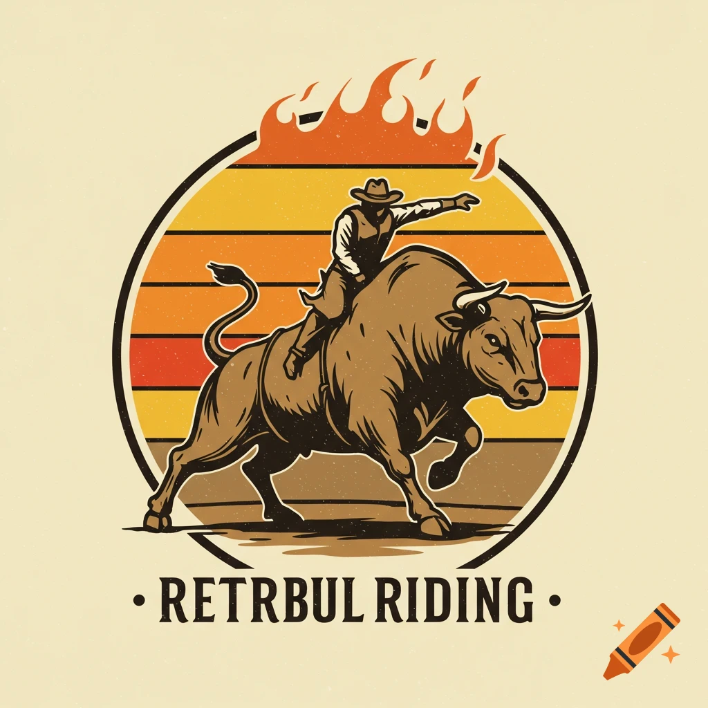 A retro logo drawing of a cowboy riding a bull in a circle with a ring of fire. Text below reads 'RETRBUL RIDING'.