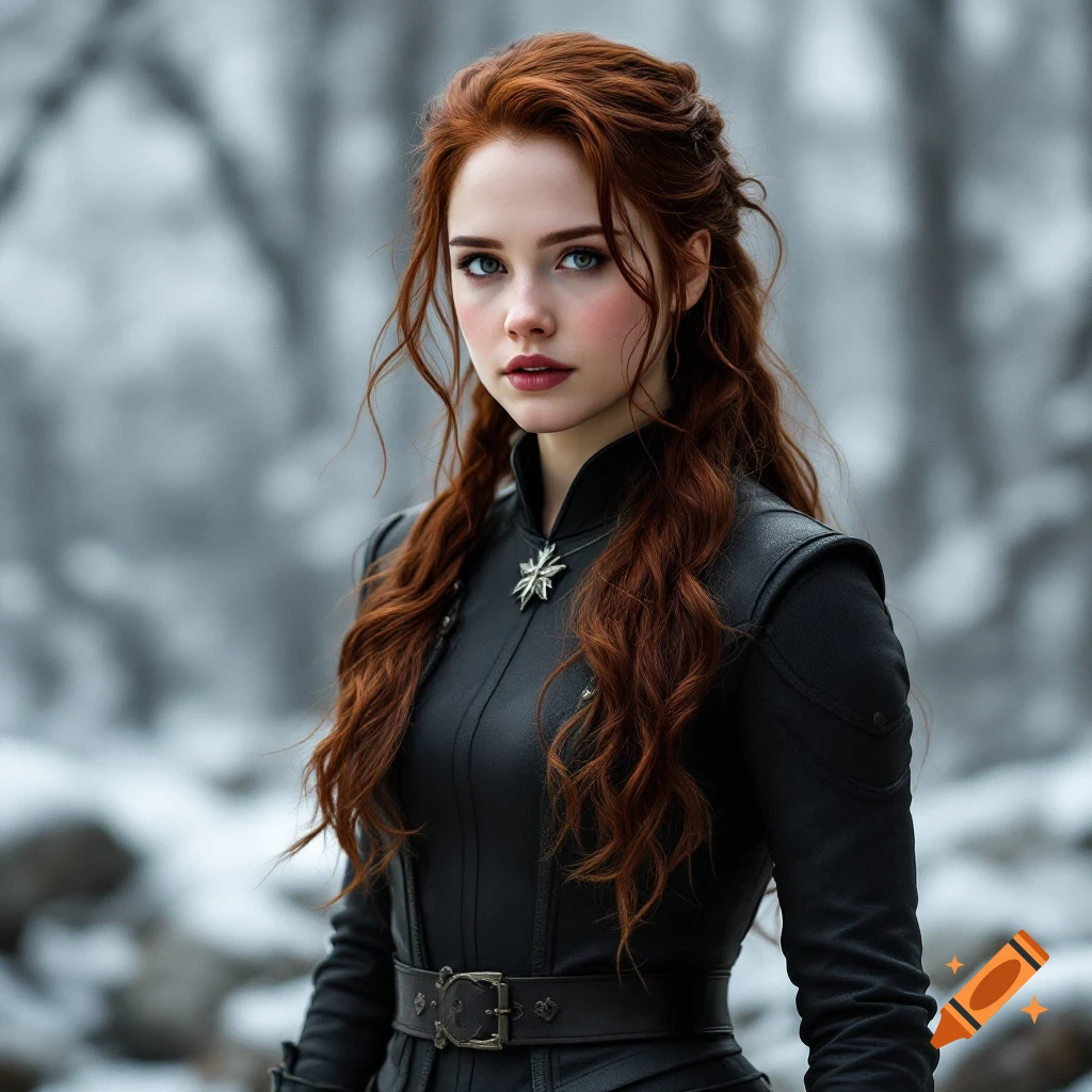 Portrait of a woman with red hair in a black leather outfit in a snowy forest