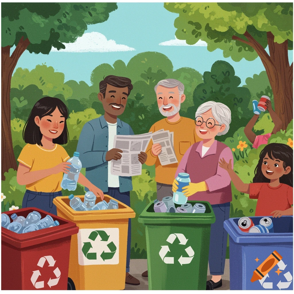 Diverse people are happily recycling different materials in a park setting.