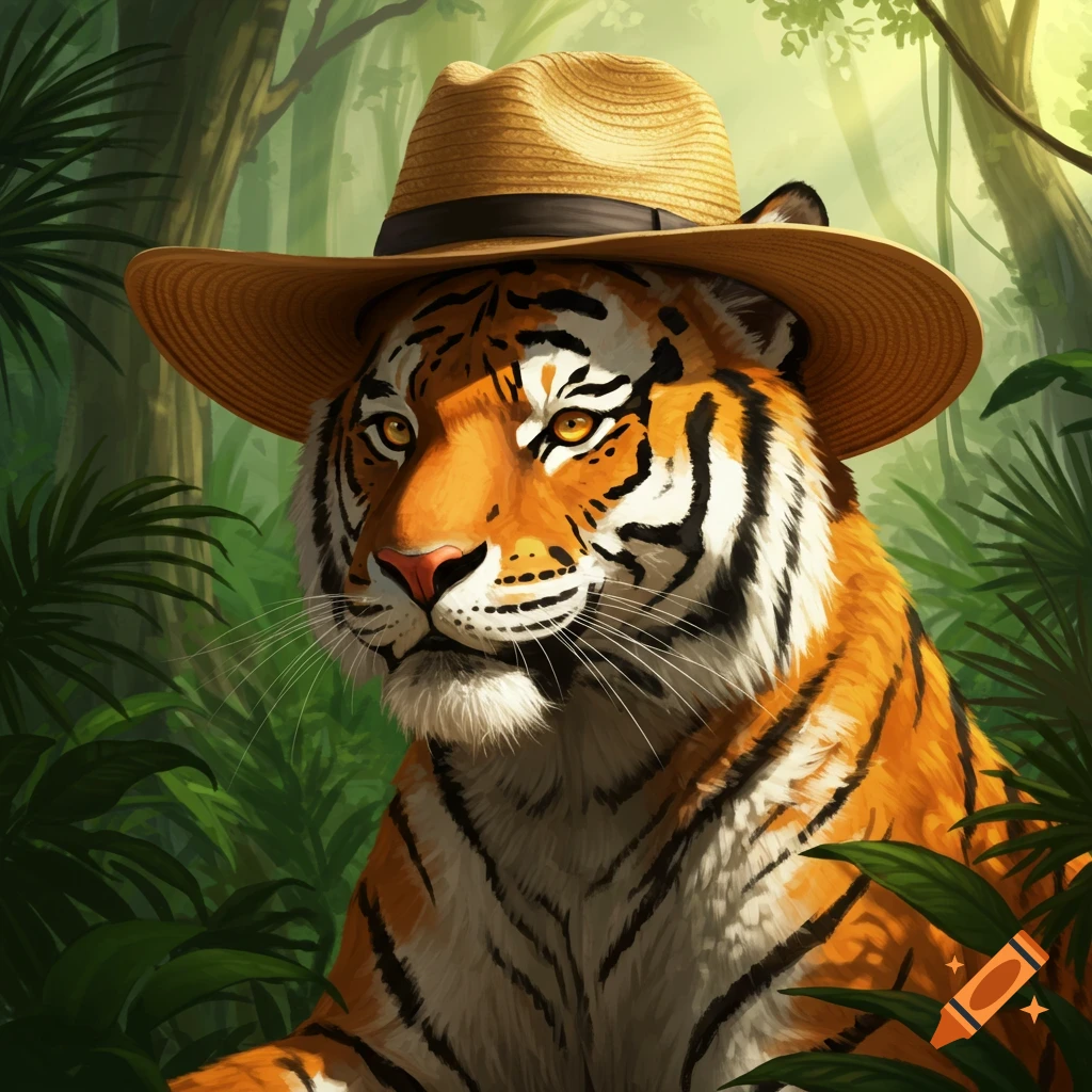 A tiger wearing a hat in a jungle.