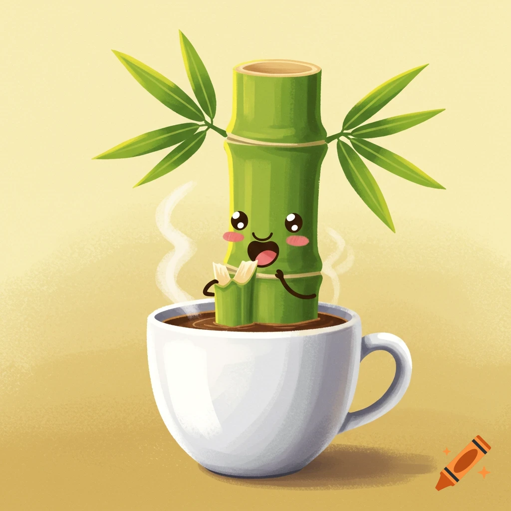 Cute illustration of a bamboo character sitting in a cup of coffee
