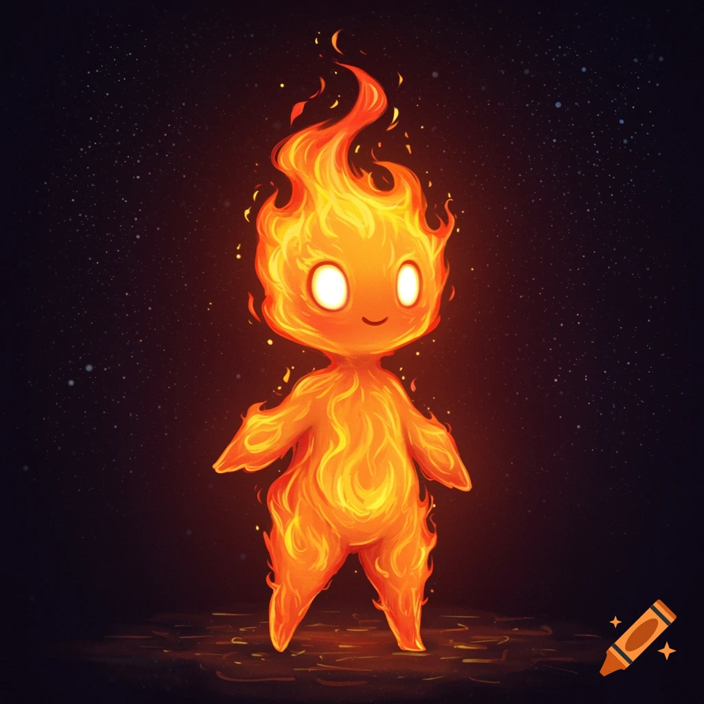 A cute bipedal creature made of orange and yellow flames stands against a dark, starry background.