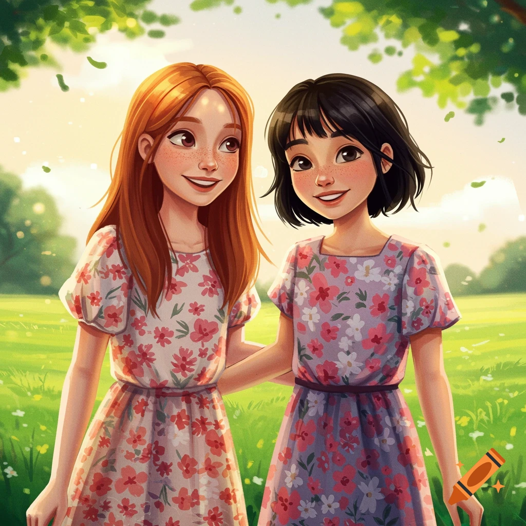 Two smiling girls in floral dresses standing in a sunny meadow.