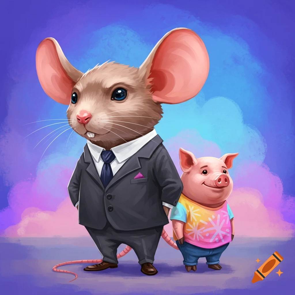 A mouse in a suit is standing next to a pig in a colorful shirt and jeans.