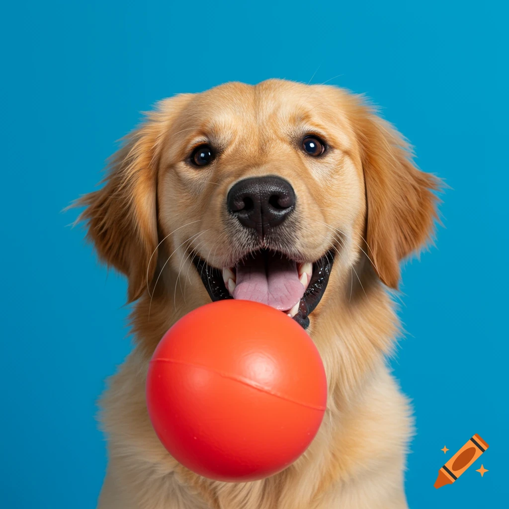A golden retriever puppy grins while holding a red ball in its mouth against a blue background.