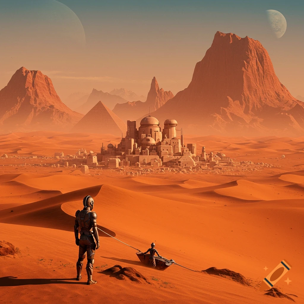 A figure in a sci-fi suit pulls a boat with a person across a vast orange desert toward a city and mountains under two moons.