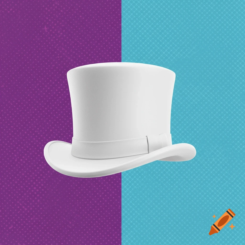 Cel shaded white top hat on split purple and blue halftone background.