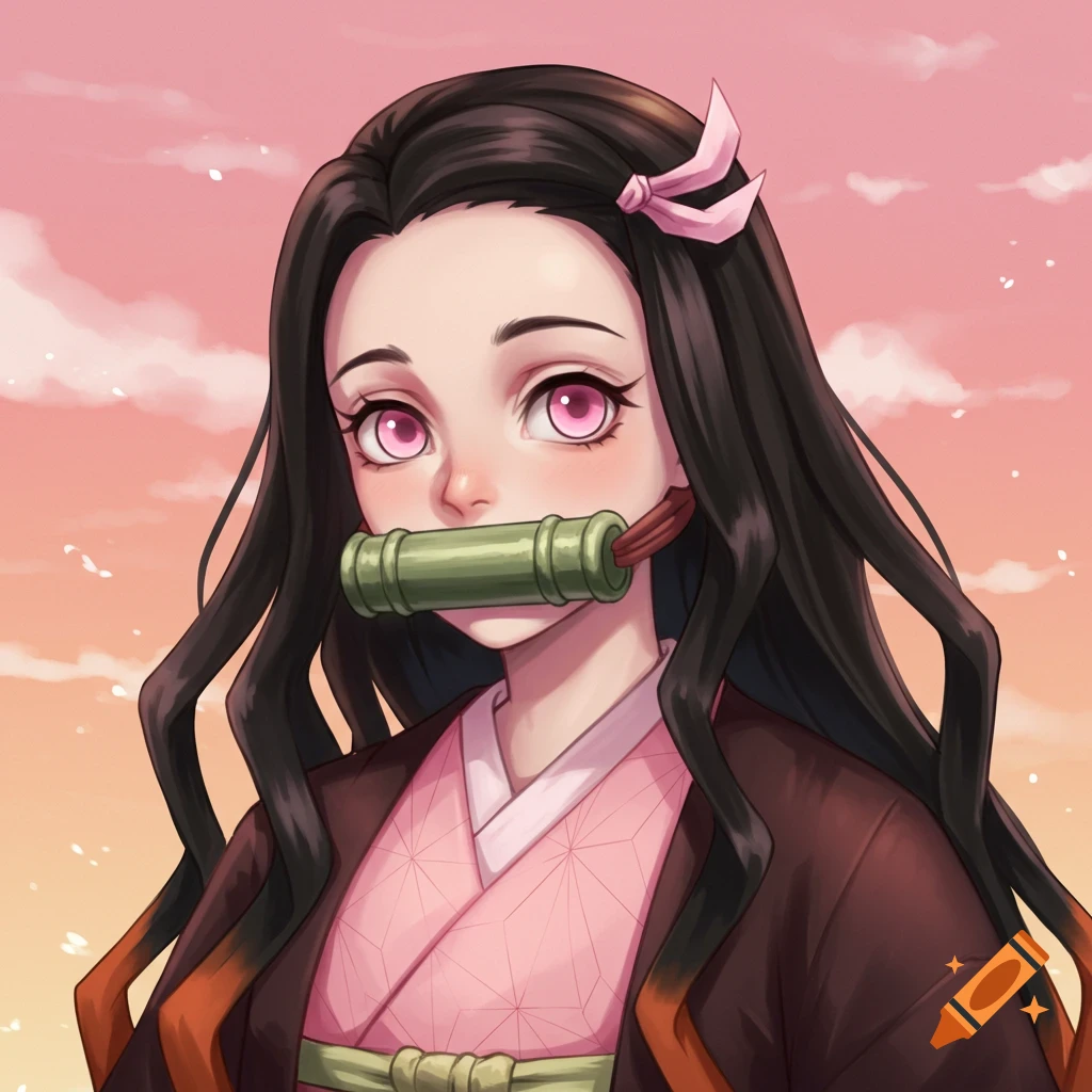Anime character Nezuko wearing a kimono and bamboo muzzle against a pink sky.