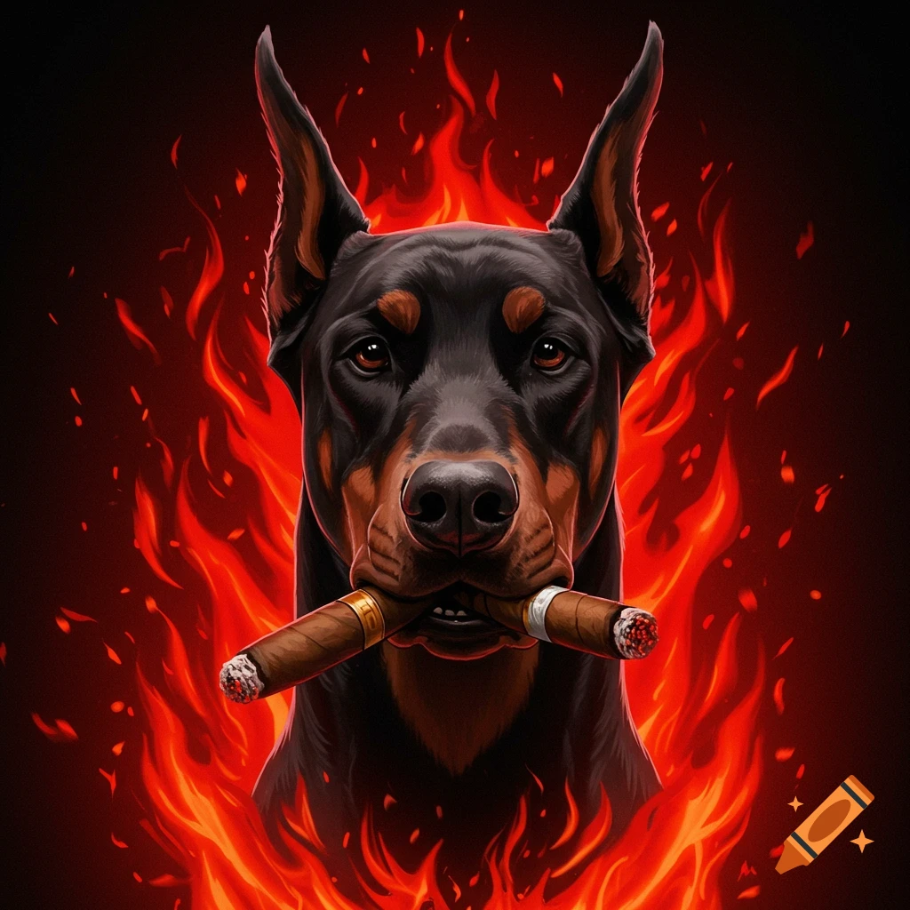 Doberman dog holding two cigars in its mouth, surrounded by red flames.