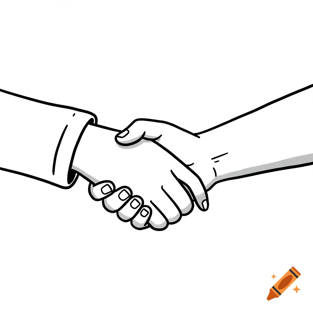 A black and white cartoon drawing of two hands shaking.