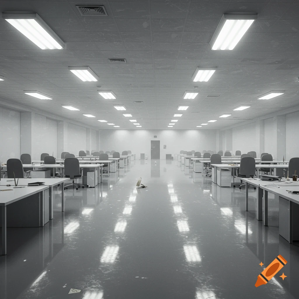 A vast, empty, grey office space with rows of desks and chairs, brightly lit ceiling panels, and a glossy floor.