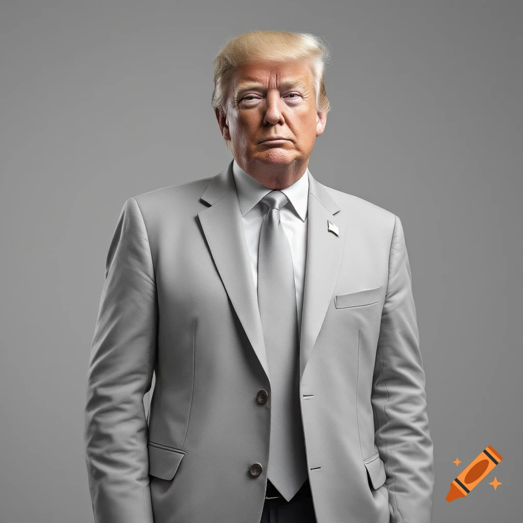 Photorealistic portrait of Donald Trump in a light grey suit against a grey background