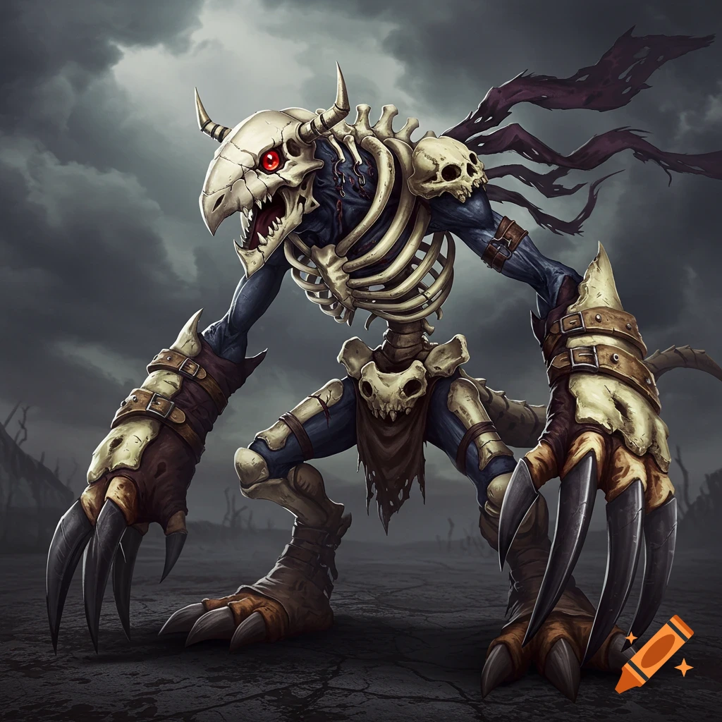 A skeletal monster with red eyes and large claws stands in a barren landscape.