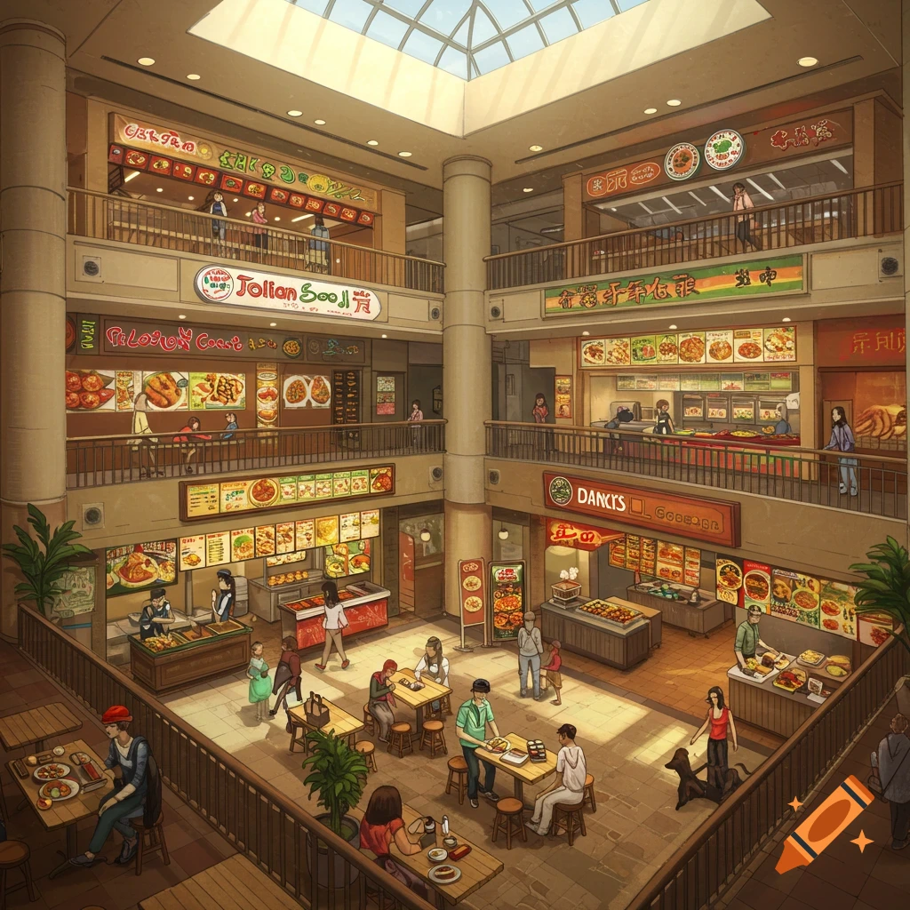 A vibrant, multi-level mall food court filled with people dining and browsing various food stalls.