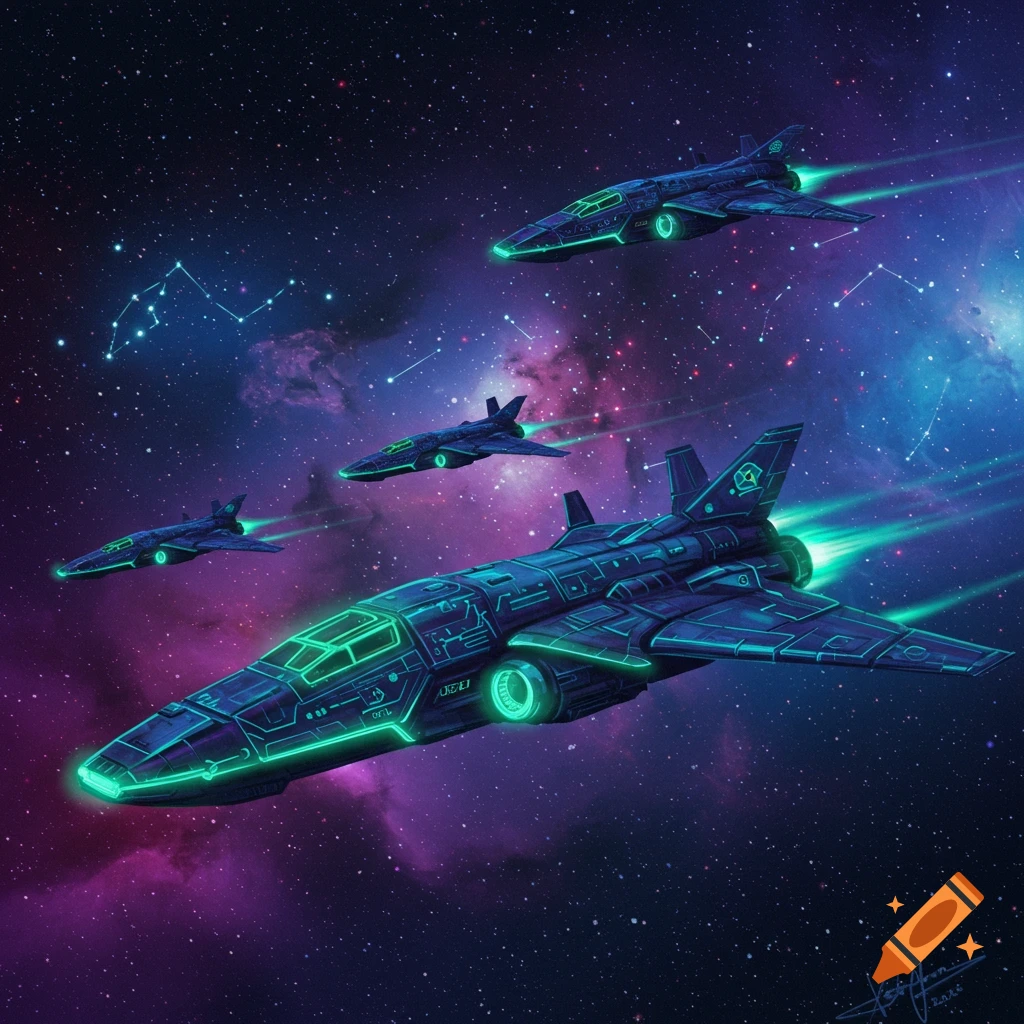 Dark, futuristic spaceships with glowing green accents fly through a colorful nebula.