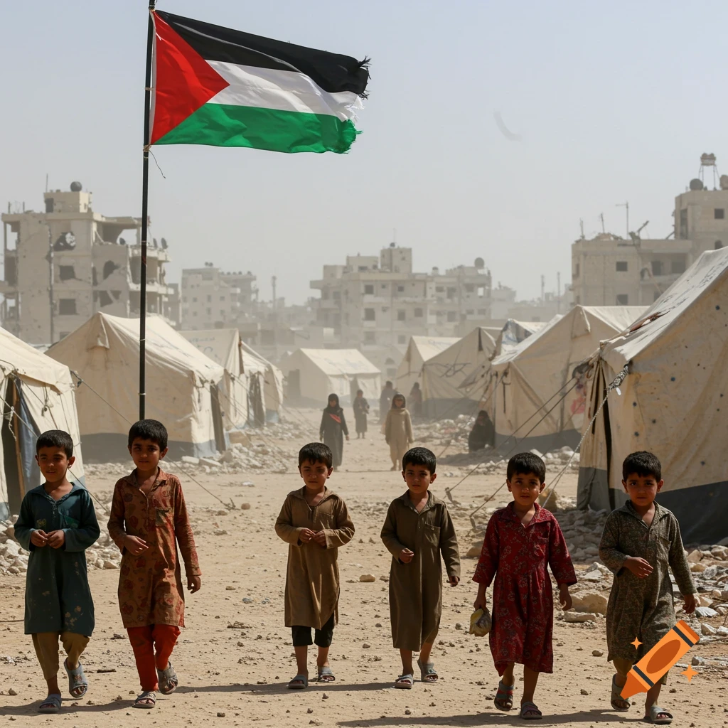 Children walk through a dusty refugee camp with tents, damaged buildings, and a torn Palestinian flag flying.