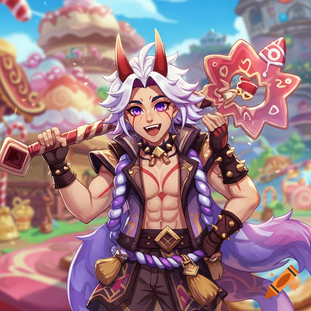 A smiling anime man with red horns and purple eyes holds candy weapons in a sweet kingdom.