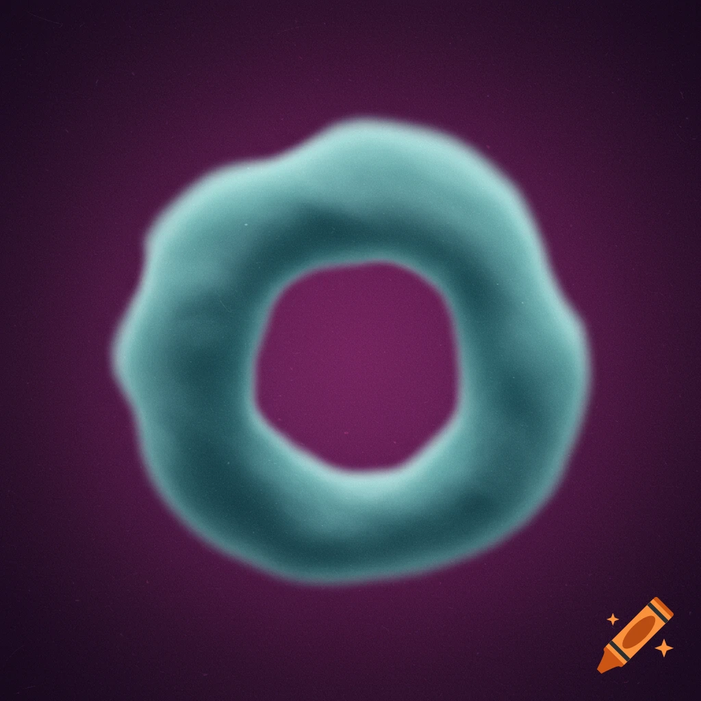 An abstract image of a blurry, turquoise, ring-like shape on a deep purple background.