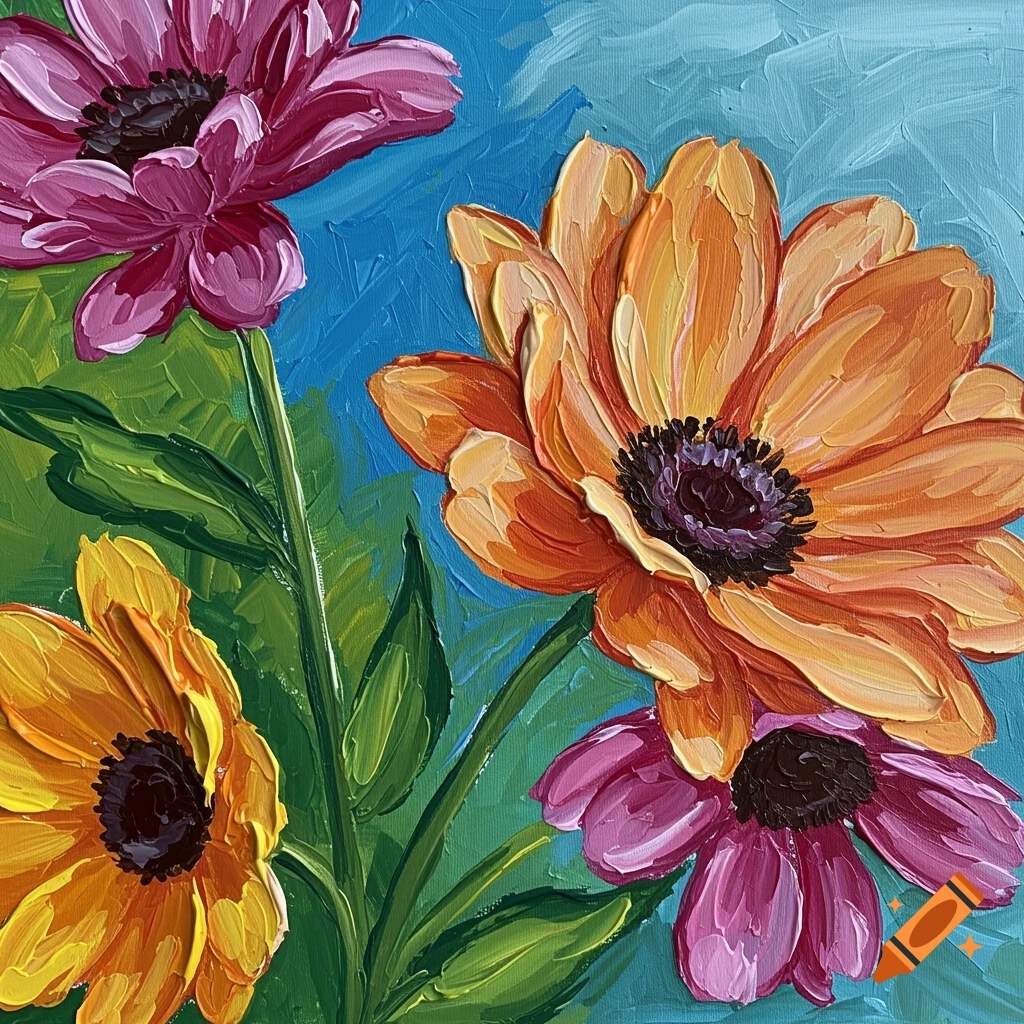 Close-up vibrant textured painting of orange and pink flowers