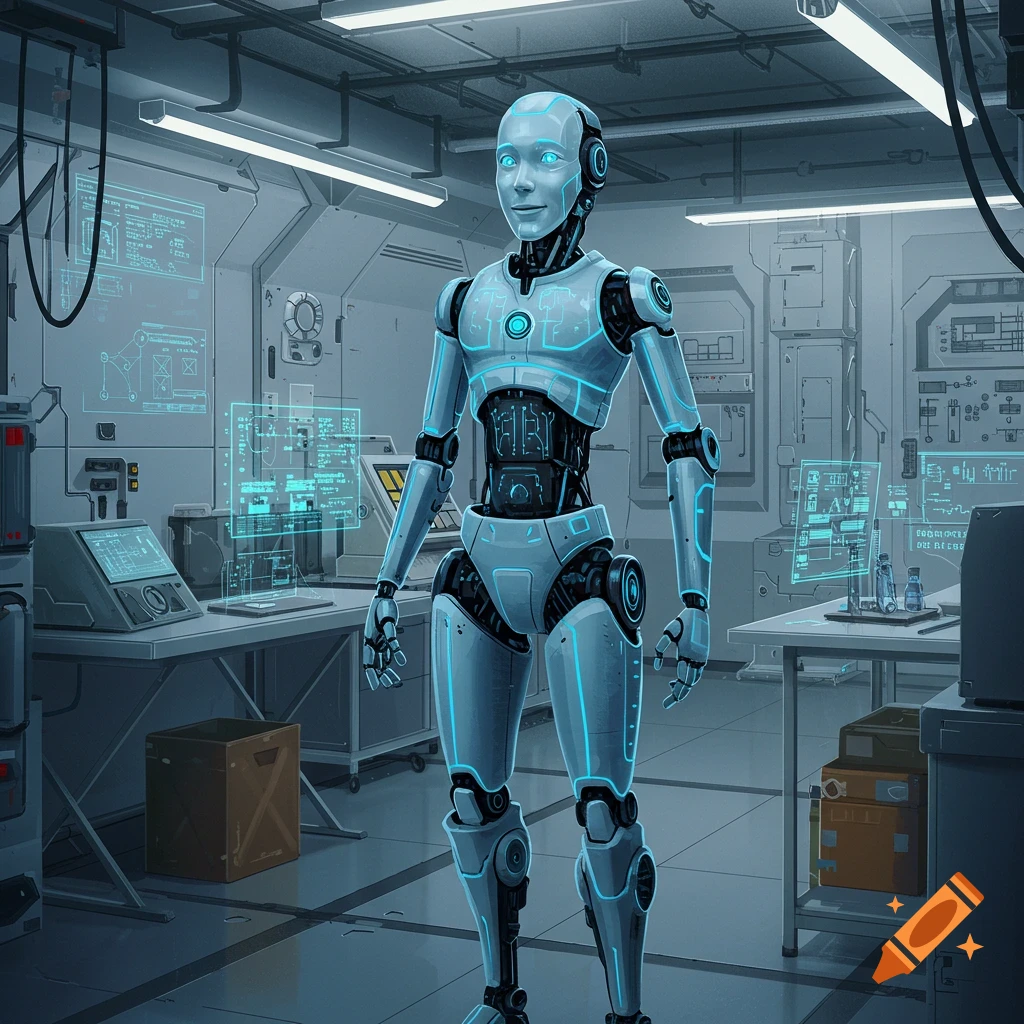 A robot in a futuristic engineering lab.