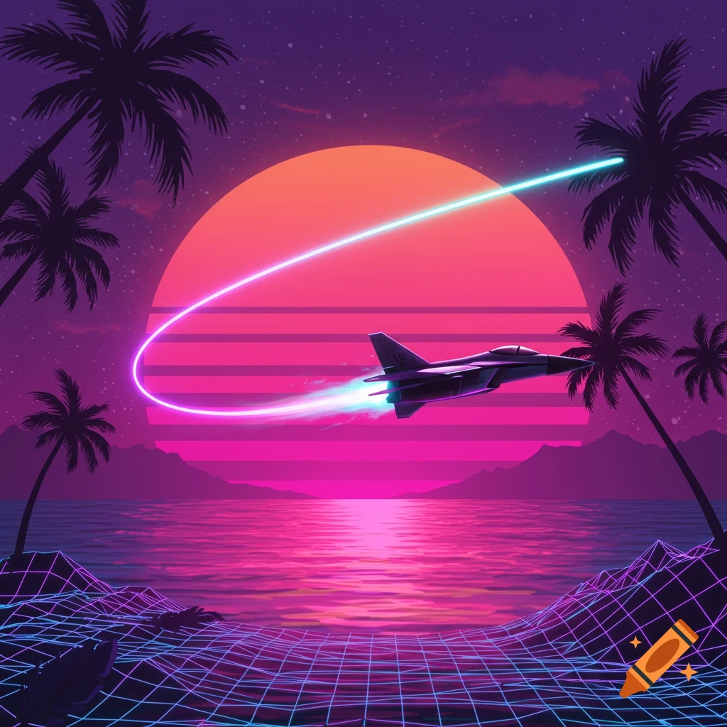 Fighter jet flying over a tropical ocean with palm trees, mountains, sun, and neon grid.