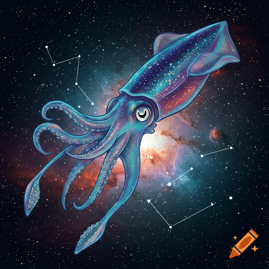 A glowing squid floats in space among stars and constellations