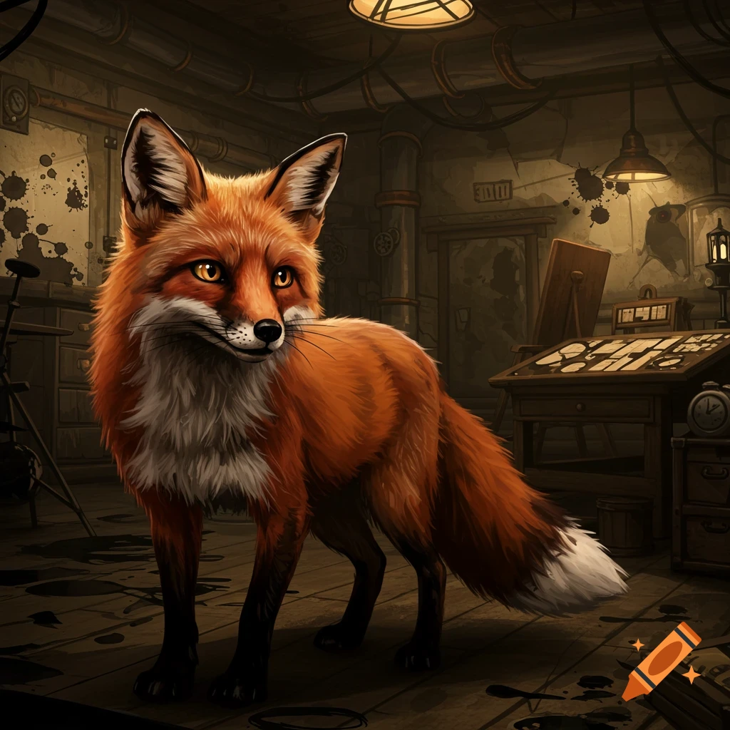 A fox stands in a dimly lit industrial workshop.