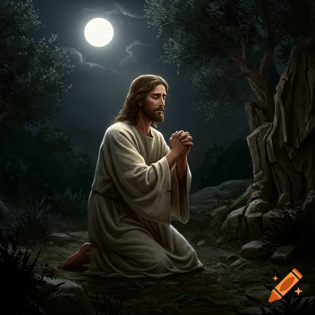 Jesus Christ is kneeling and praying in a garden at night under a full moon.