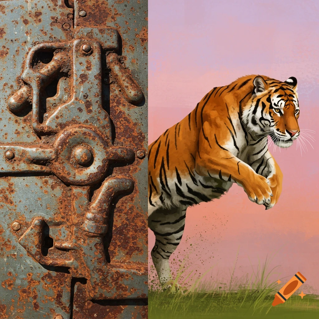 Split image showing a rusty metal surface on the left and a tiger leaping on the right.