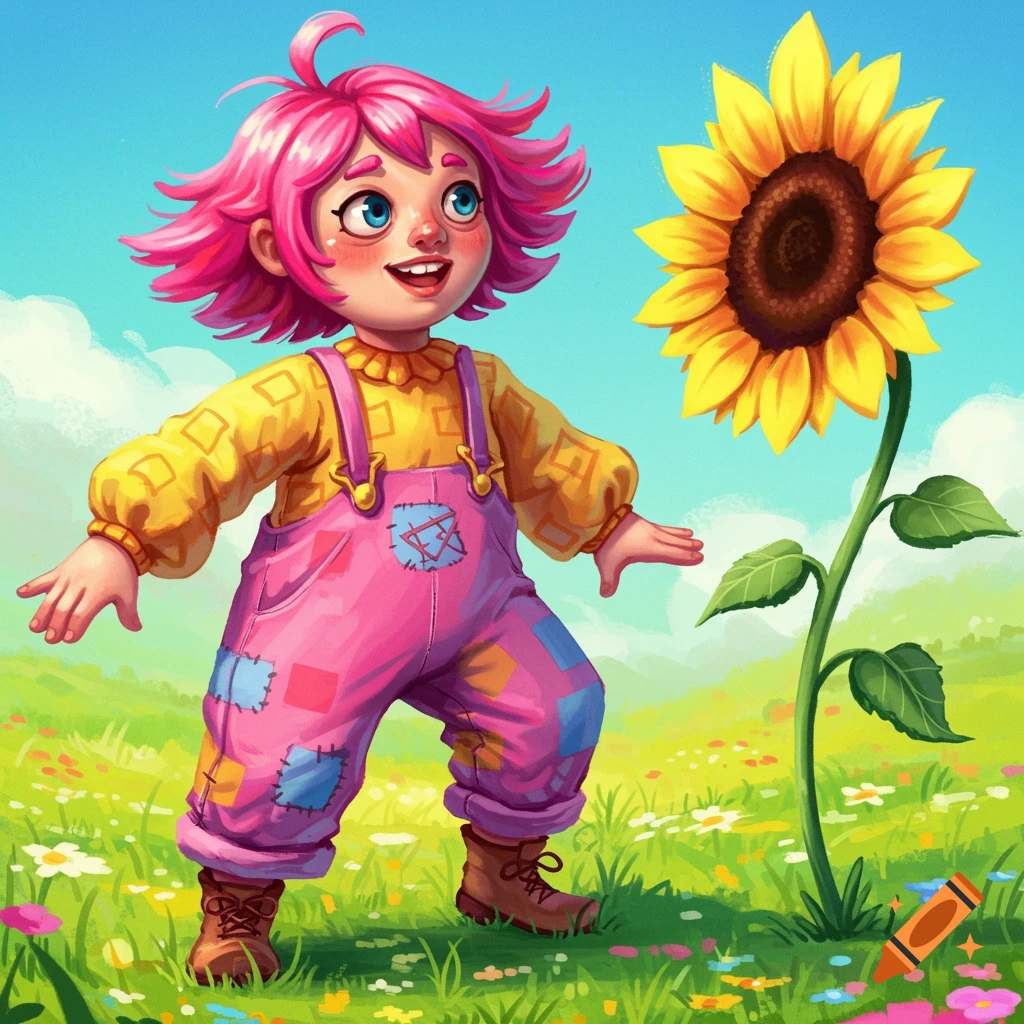 A child with pink hair and colorful overalls stands next to a large sunflower in a meadow, children's book style.