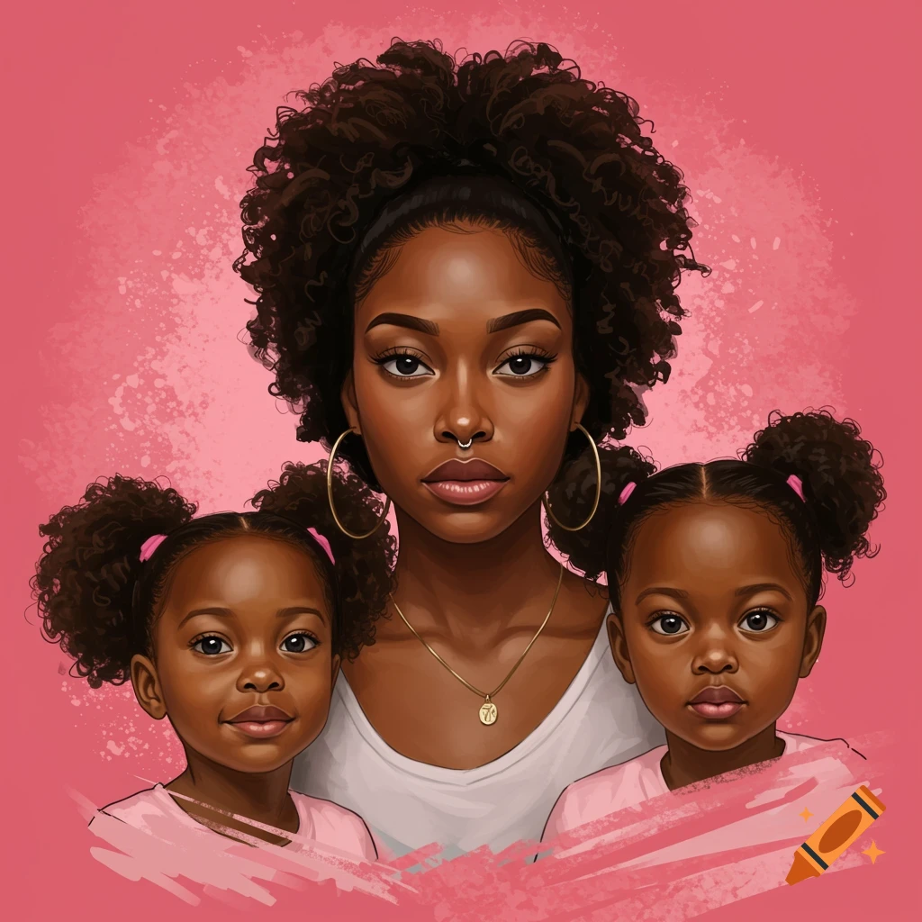 A portrait of a Black woman with two young Black girls on a pink background