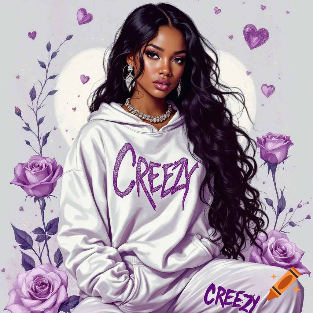 Portrait of a woman in a white "CREEZY" hoodie and sweatpants, surrounded by purple roses and hearts.