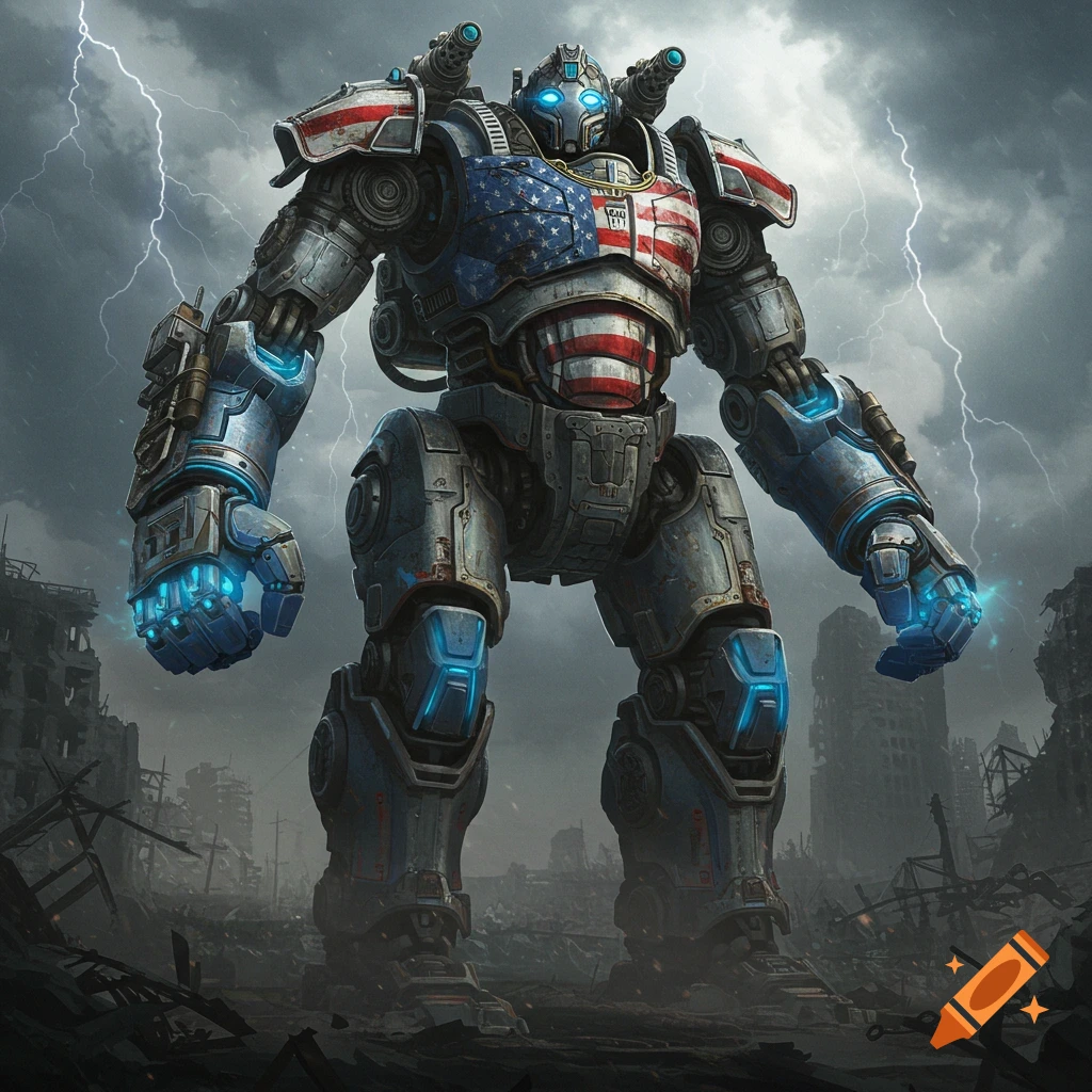 A giant robot decorated with the American flag stands in a ruined city under a lightning storm.
