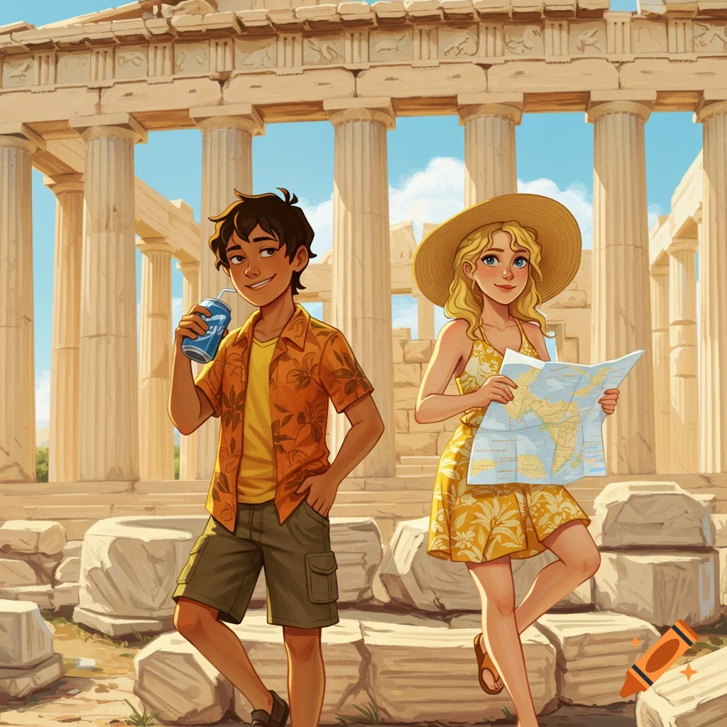 Illustration of two young travelers, one with a map, standing in front of the ancient columns of the Parthenon.