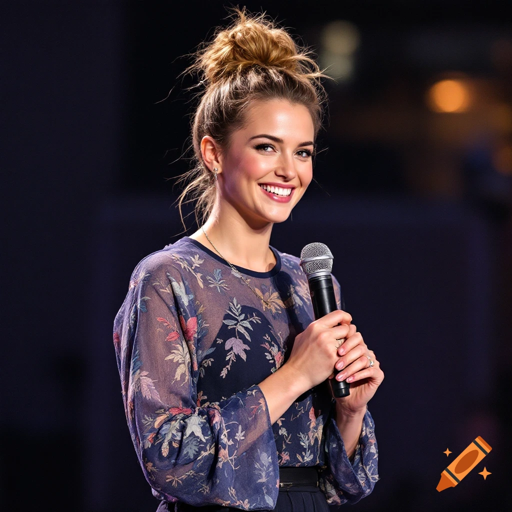 A woman with a messy bun smiles while holding a microphone on a dark stage.