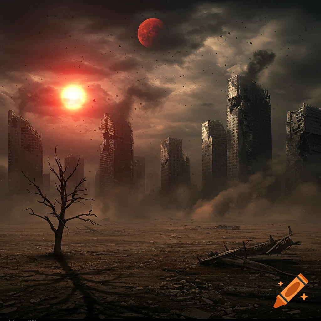 A barren landscape with a dead tree and ruined skyscrapers under a blood moon and red sun.