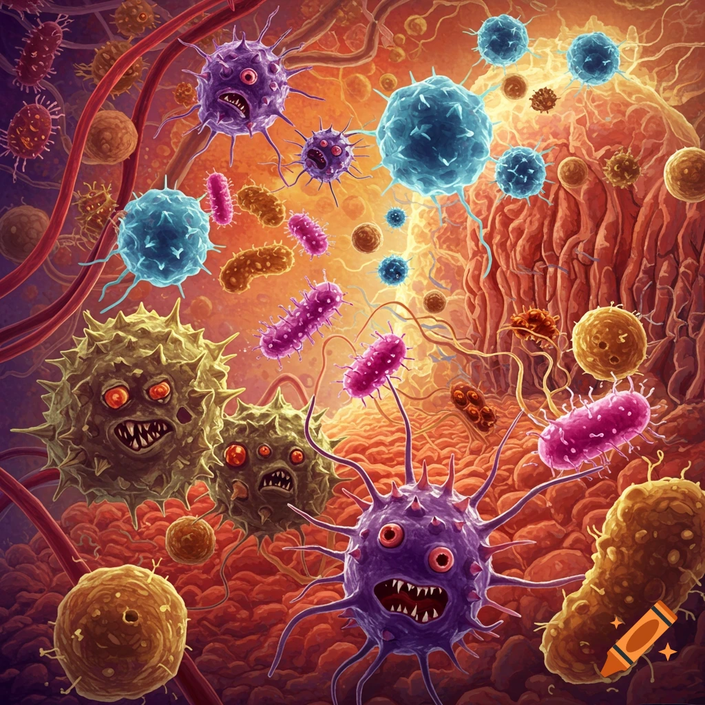 Showing various stylized microorganisms, including bacteria and viruses, in a biological environment.