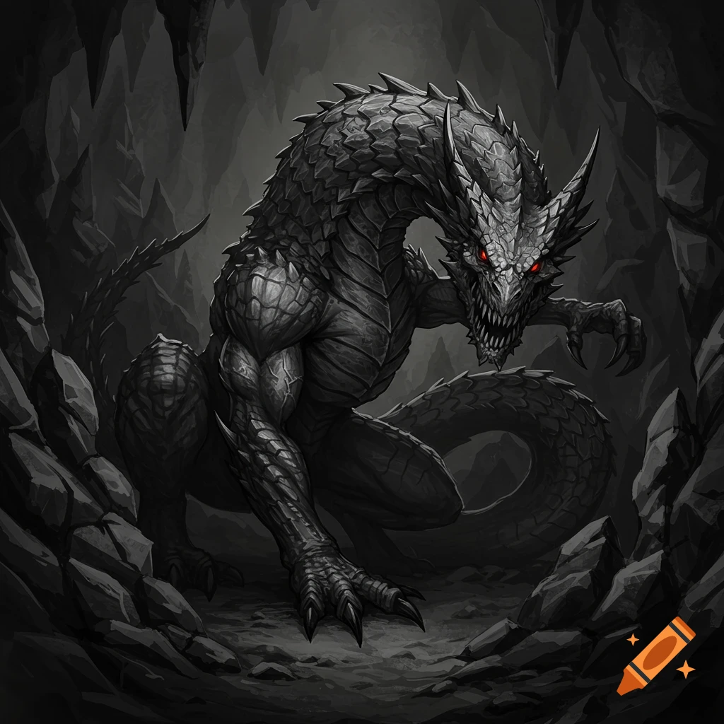 Drawing of a gritty dark dragon with red eyes in a cave