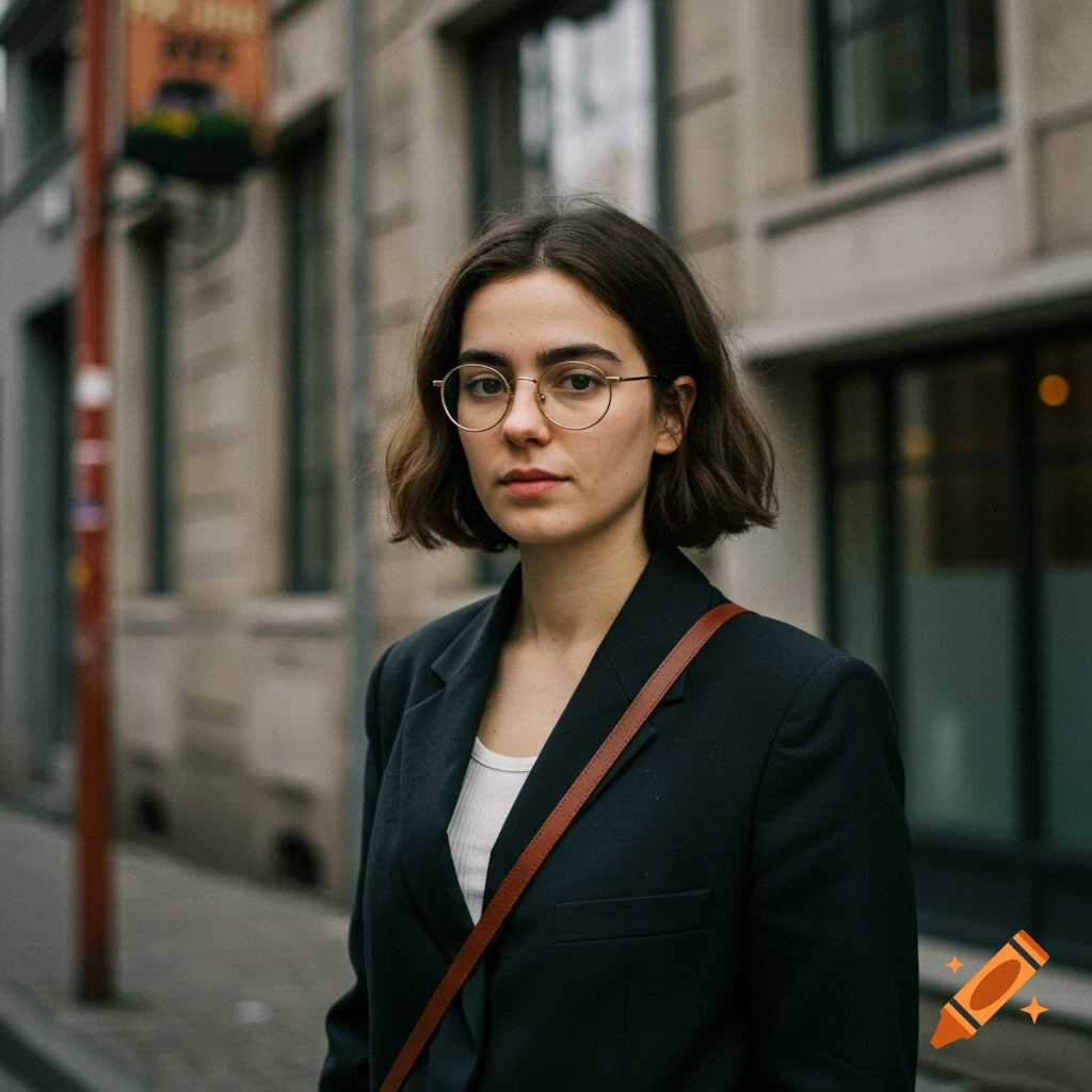 A young woman in a black blazer stands on a street with a brown bag strap across her chest. Photorealistic portrait.