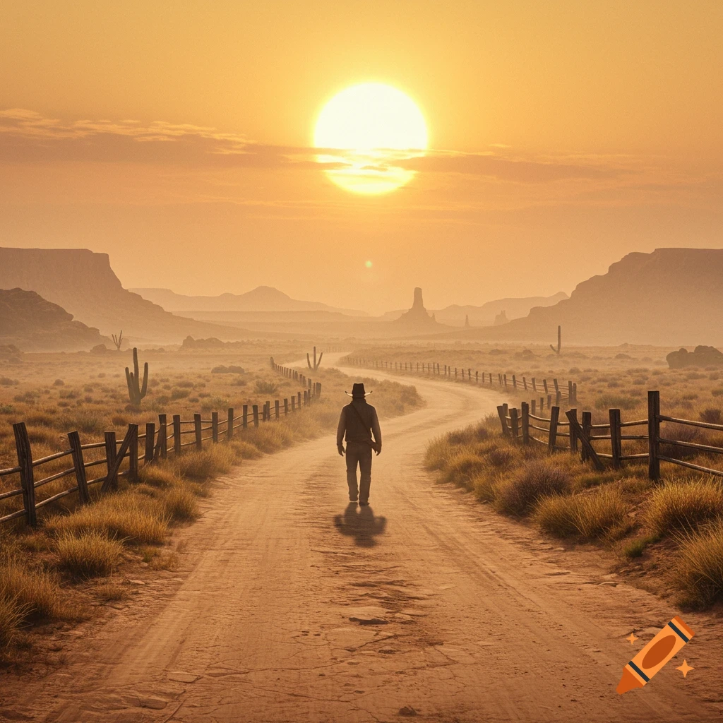 A person in a cowboy hat walks down a dirt road through a wild west desert landscape towards a bright sunset.