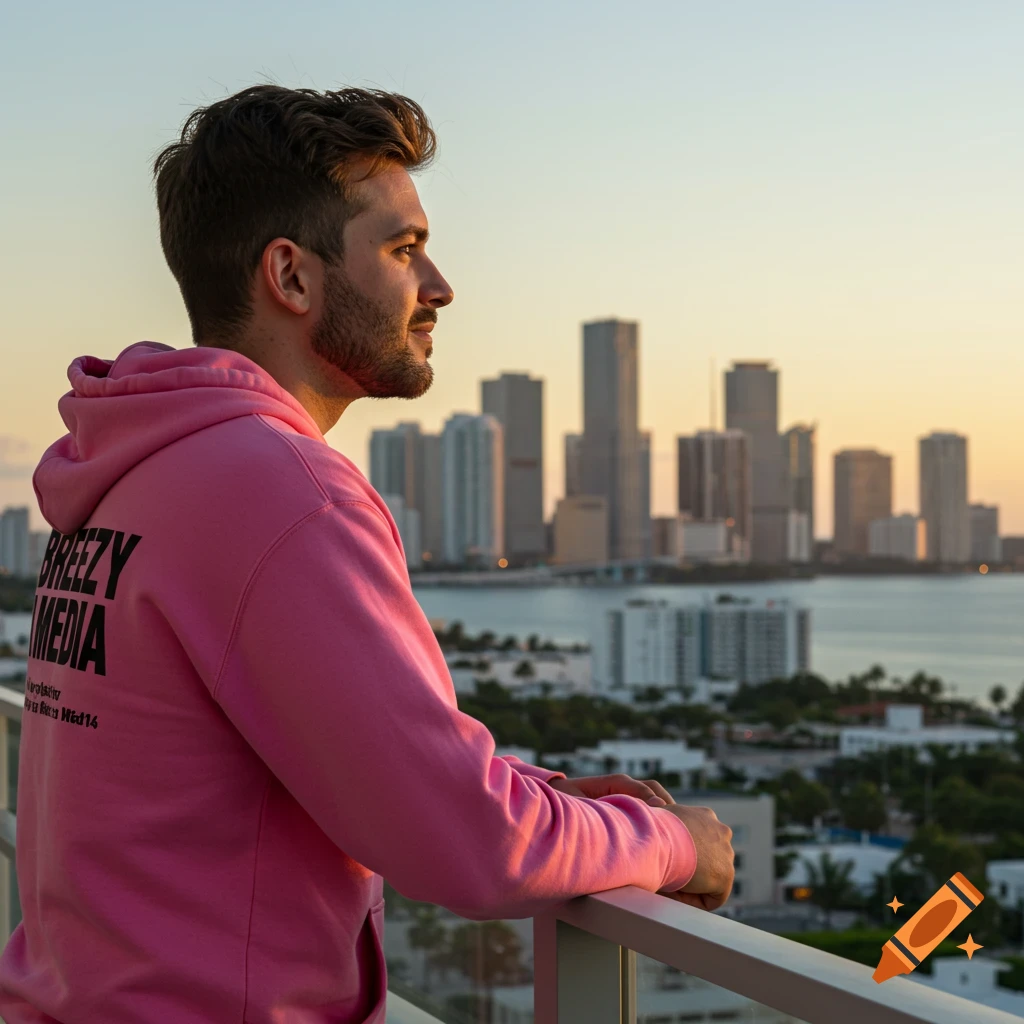 A man in a pink hoodie stands on a balcony looking at a city skyline during sunset.