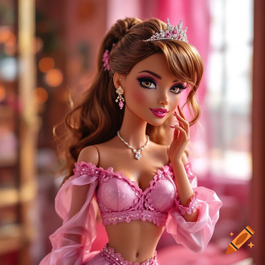 Close-up portrait of a Barbie-style doll with a tiara and pink dress