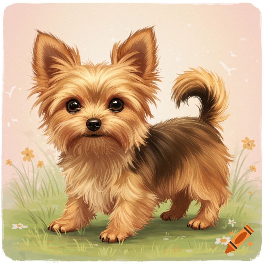 A cute puppy stands in a field of grass and flowers.