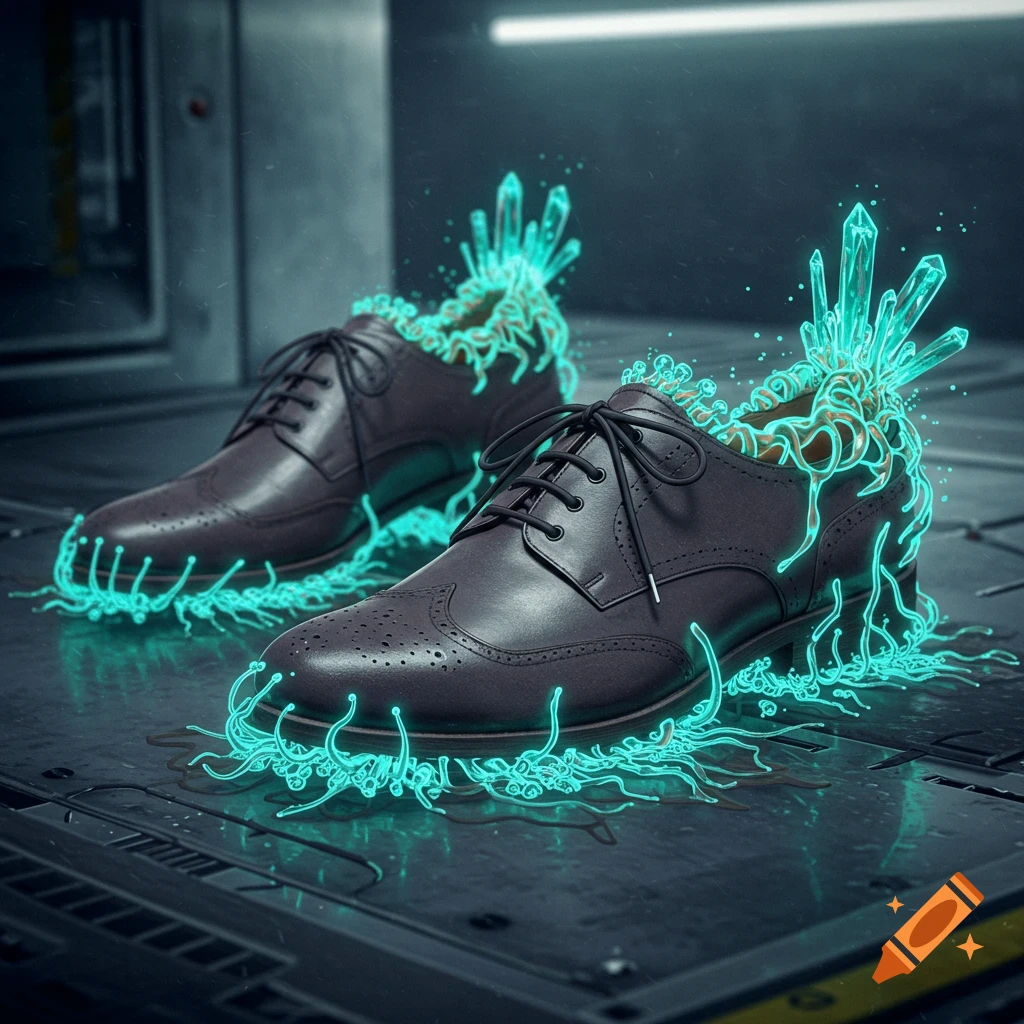 Pair of dark shoes with glowing blue roots and crystals on a futuristic surface, digital art.