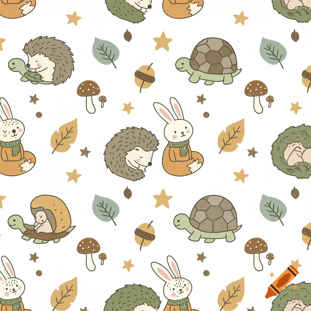 Seamless pattern with doodle woodland animals like hedgehogs, bunnies, and turtles, along with mushrooms, leaves, and stars.