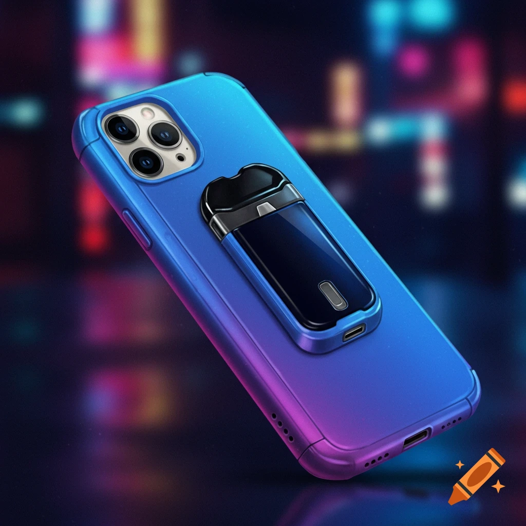 Blue and purple iPhone case holding a black vaping pod.