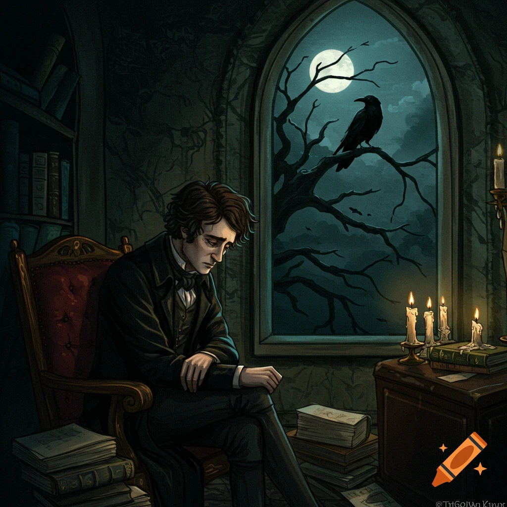 A melancholic man seated in a chair in a dim room, looking at a raven perched on a branch outside a large window at night.