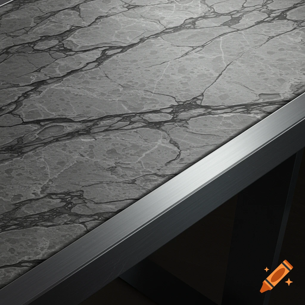 Close-up of a gray marble surface next to a brushed metal edge.